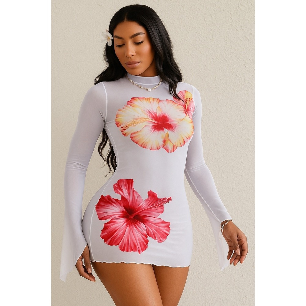 New Large White‎ Pink Beach Coverup Mesh Dress Hibiscus Vacation Summer Swim